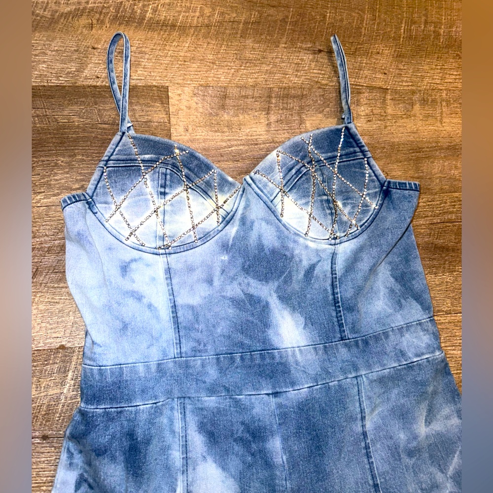 Haute Monde Blue Tie-Dye Denim Jumpsuit with Embellished Bust